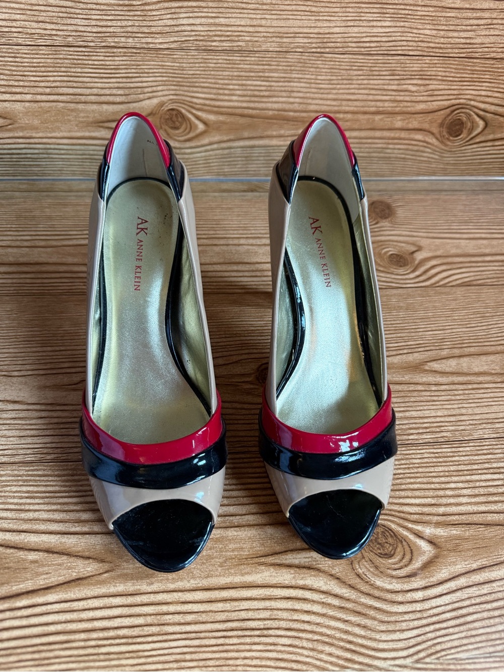 Anne Klein Nude Patent Peep-Toe Pumps with Black & Red Accents